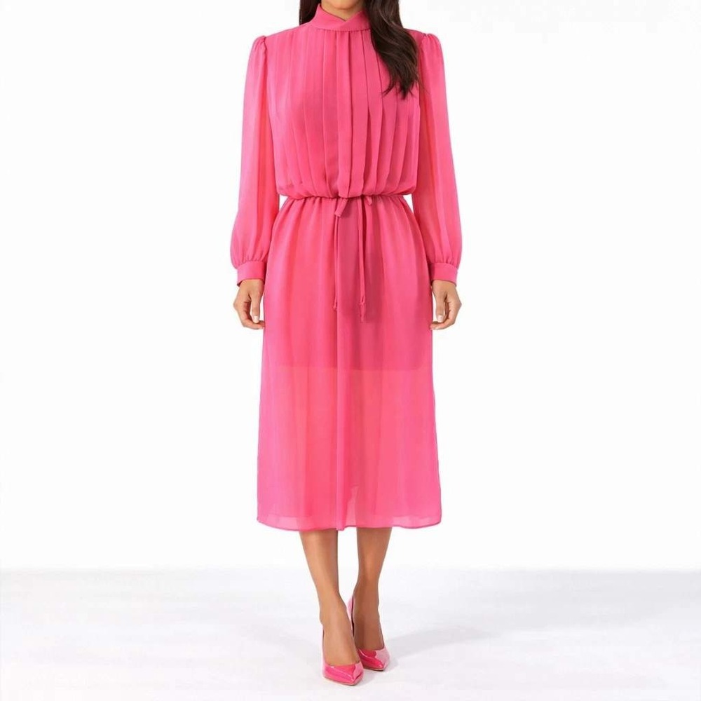 70s Vintage Pink Sheer Pleated Dress Mock Neck Blouson Belted Midi Party Size L